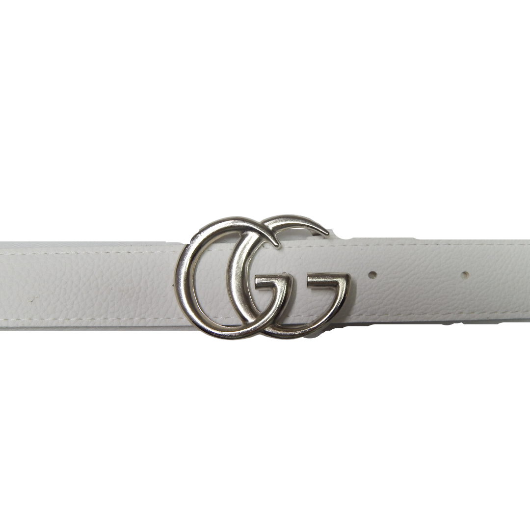Cinturon de Mujer Cuero Sintetico y Hebilla Doble G 105x3,5cm Blanco