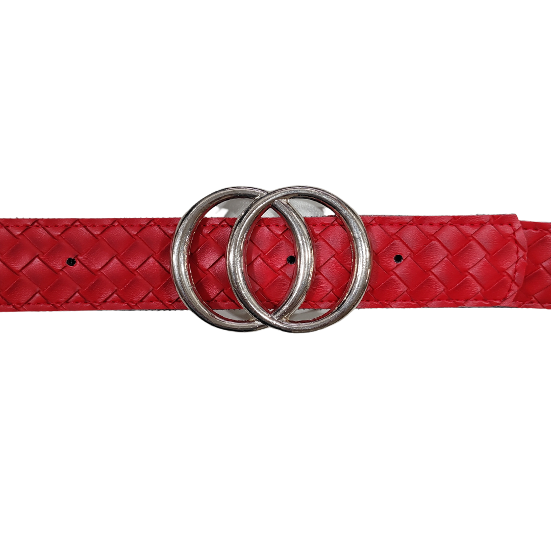 Cinturon de Mujer de Cuero Sintetico Trenzado Hebilla Doble Circulo 105x3.5cm Rojo