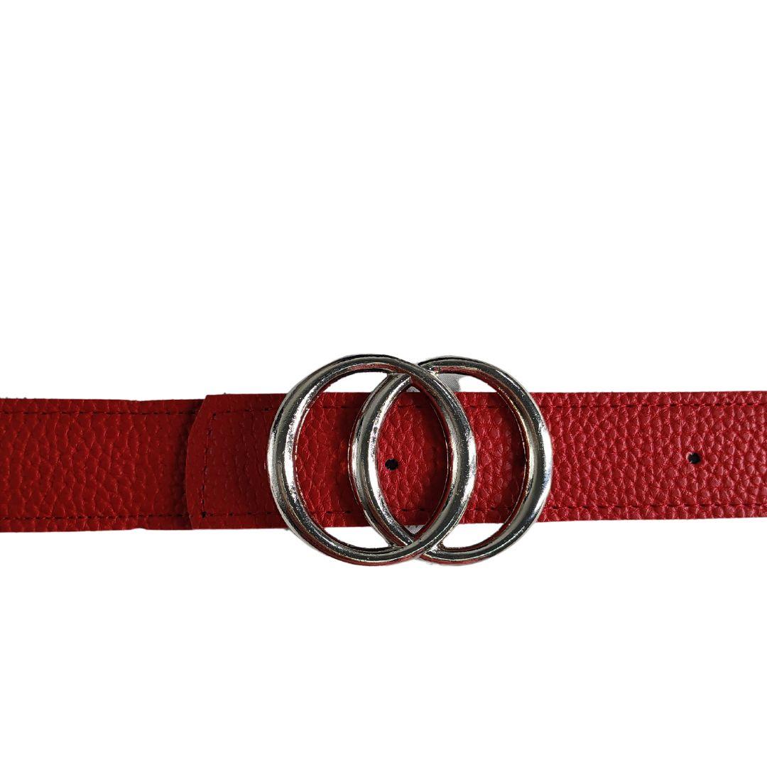 Cinturon de Mujer de Cuero Sintetico Hebilla Doble Circulo 105x3.5cm Rojo