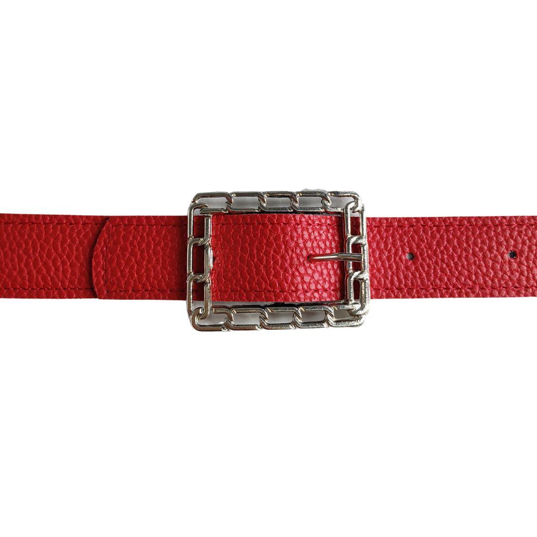 Cinturon de Mujer de Cuero Sintetico Hebilla Cadena 105x3.5cm Color Rojo